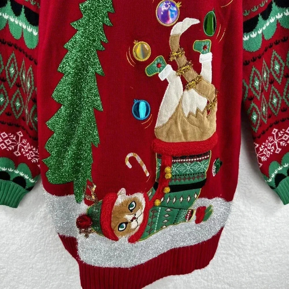 33 Degrees 3XL Merry Bright Ugly Christmas Sweater Cat Boots Embellished Holiday - Picture 3 of 13